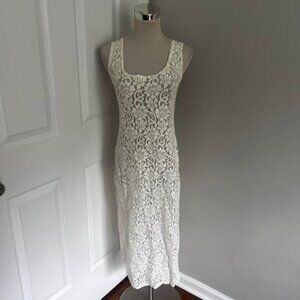 CREAM VAL MODE FLORAL SHEER LACE MIDI DRESS